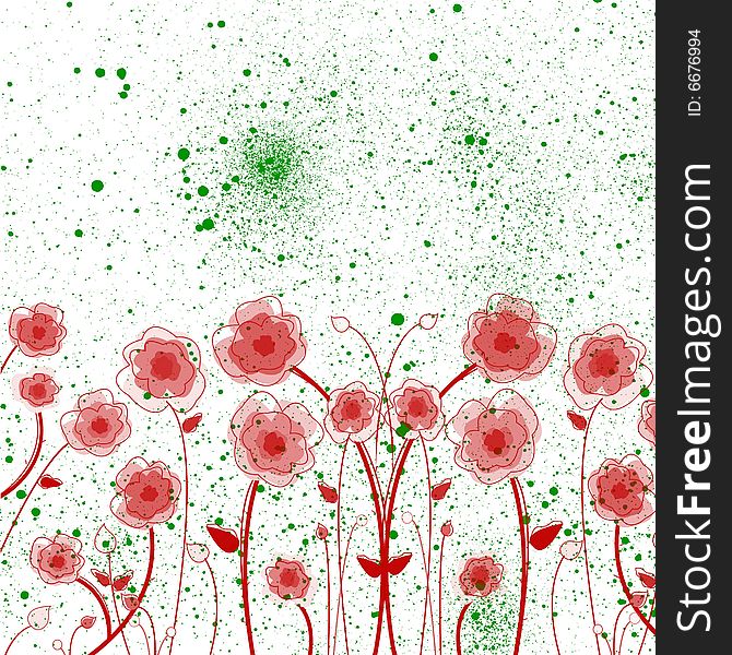 A white background with green ink splatters and red flowers patterns. A white background with green ink splatters and red flowers patterns
