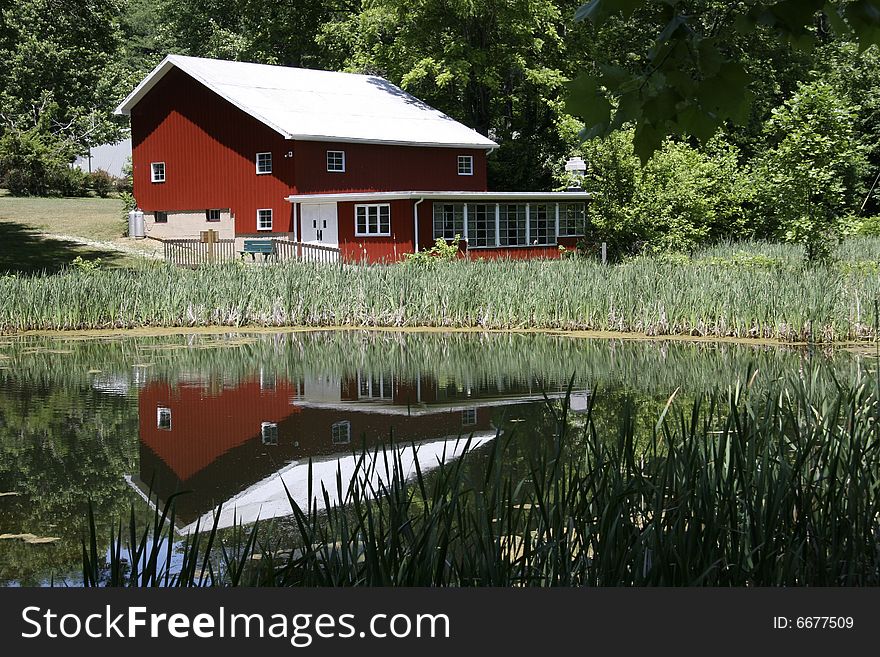 Red barn at pond