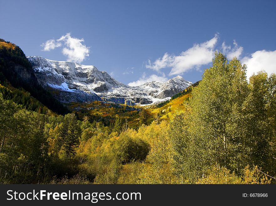 Fall colors on a high mountain meadow with blue sky and clouds. Fall colors on a high mountain meadow with blue sky and clouds
