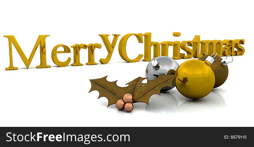 Golden Christmas background with decorations and holly. Golden Christmas background with decorations and holly