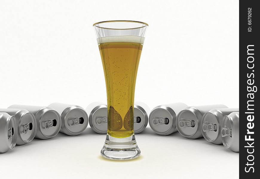 Beer in glass with aluminum banks on white  background