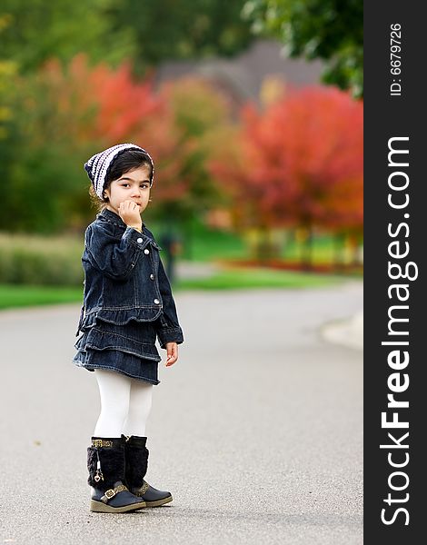 A toddler enjoying the fall in the neighborhood. A toddler enjoying the fall in the neighborhood