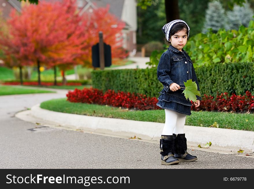 A toddler enjoying the fall in the neighborhood. A toddler enjoying the fall in the neighborhood