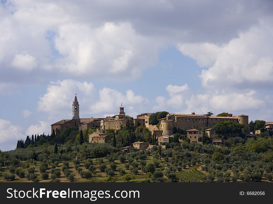 The medieval town Pienza in italy in the soft light just after sunrise. The medieval town Pienza in italy in the soft light just after sunrise