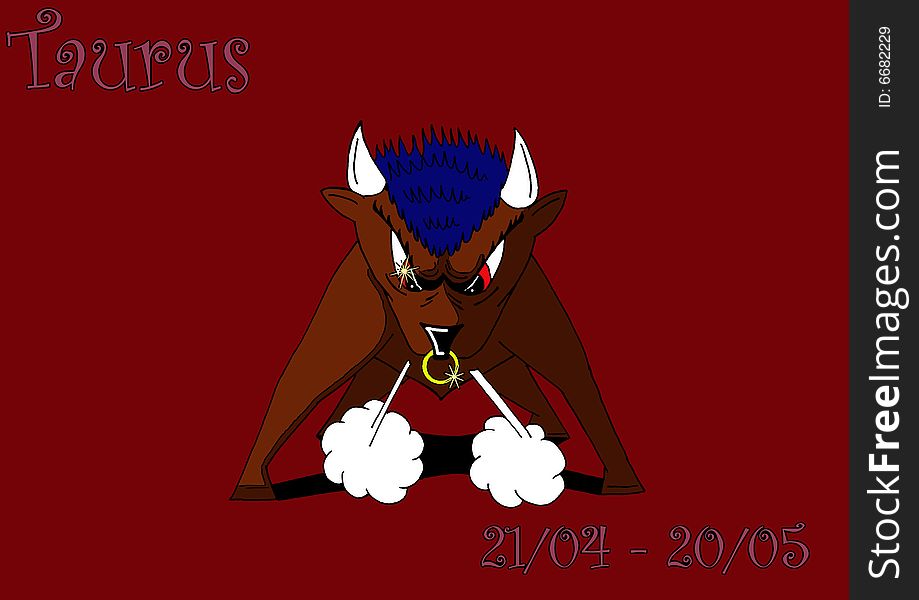 A series of illustrations that represents the zodiacal signs. this illustration represents the sign of taurus through a very anger bull.