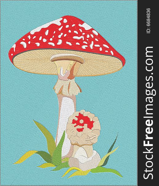 Fly Agaric In A Grass On A Blue Background