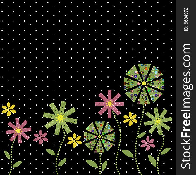 Funky flower border on black background with white spots