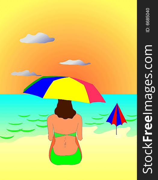 Girl on the beach under umbrellas in the sun. Shown.