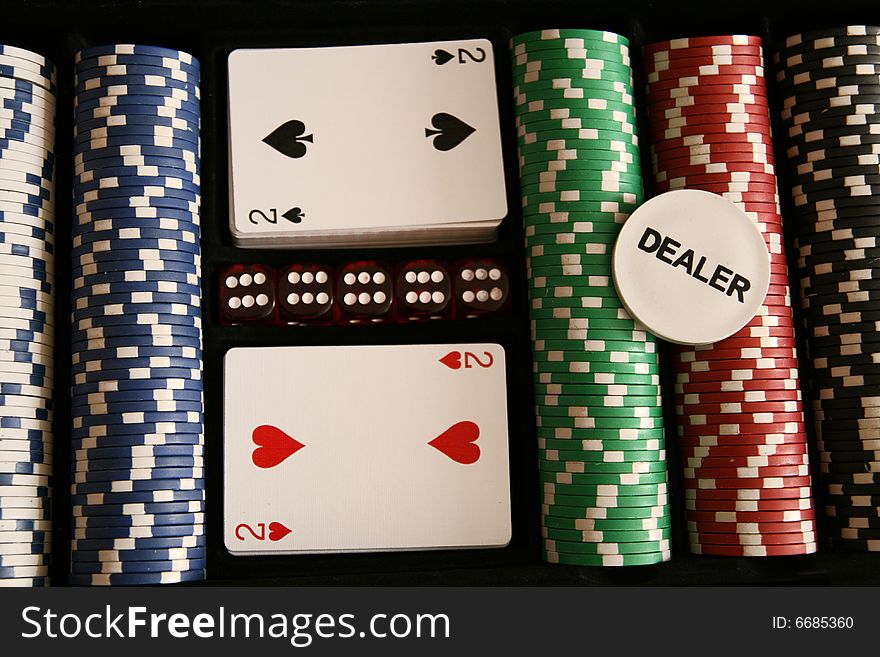 Poker chips, dice, cards, dealer chip. Poker chips, dice, cards, dealer chip