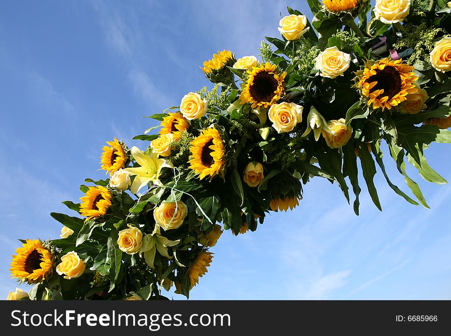 Sunflowers and roses against the blue sky. Sunflowers and roses against the blue sky