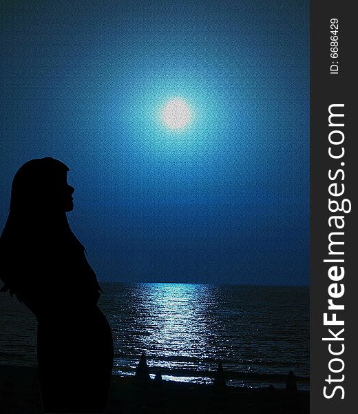 A wonderful illustration of a woman that looks at the sunset blue on the sea. A wonderful illustration of a woman that looks at the sunset blue on the sea