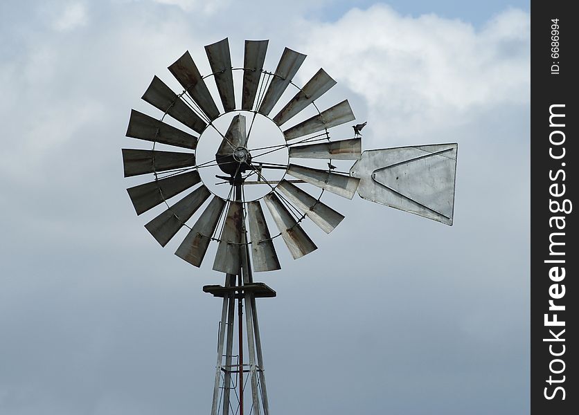 This is a farmer's Windmill with two birds on the blades, set against a blue sky with summer clouds.