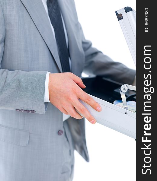 Close up of middle aged business man holding suitcase. Close up of middle aged business man holding suitcase