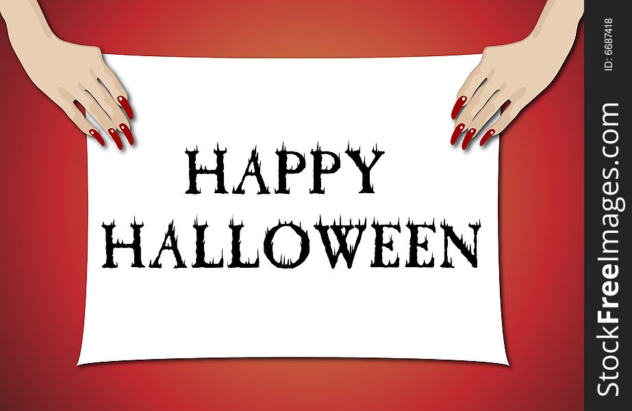 Illustration of female hands holding halloween sign. Illustration of female hands holding halloween sign