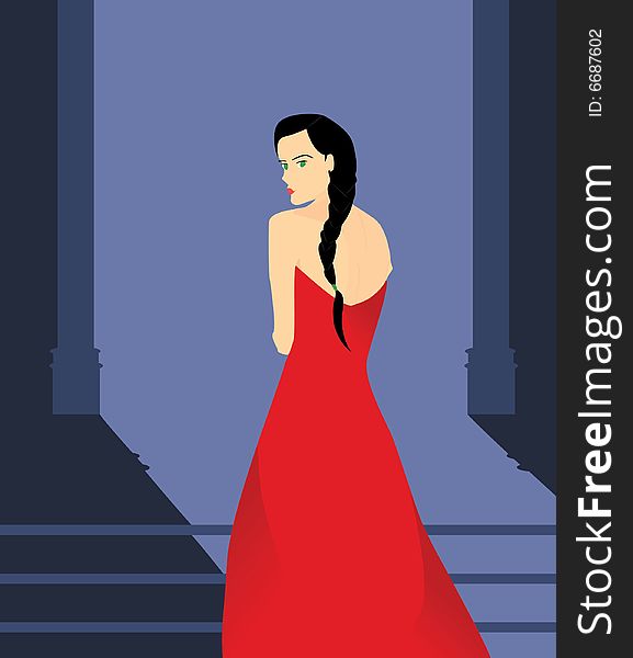 A woman with braids wearing a red evening gown standing on steps looking over her shoulder in front of an entrance. A woman with braids wearing a red evening gown standing on steps looking over her shoulder in front of an entrance