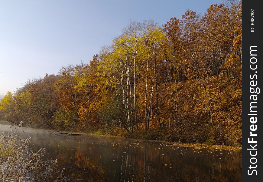 A landscape with an autumn wood lake and the first morning hoarfrost. A landscape with an autumn wood lake and the first morning hoarfrost