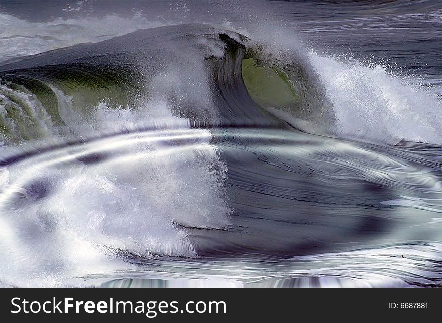 Wave and whirlpool meeting out at sea