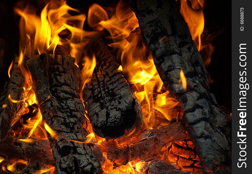 Logs burns in hot fire