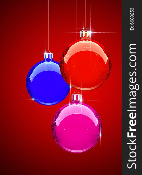 Colorful Christmas balls on red background