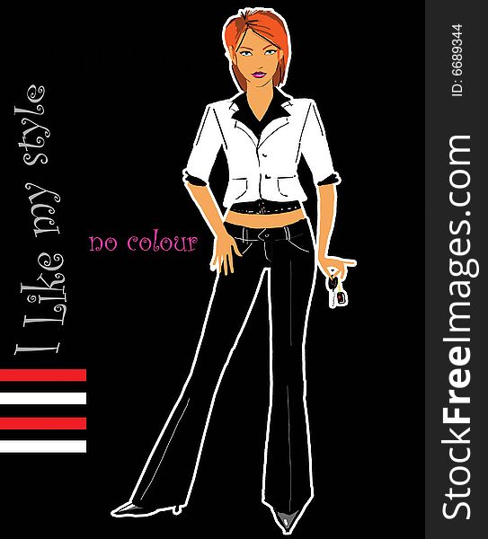 The digital raster drawn of the stylish women with red hair in the business style, on the black background. The digital raster drawn of the stylish women with red hair in the business style, on the black background