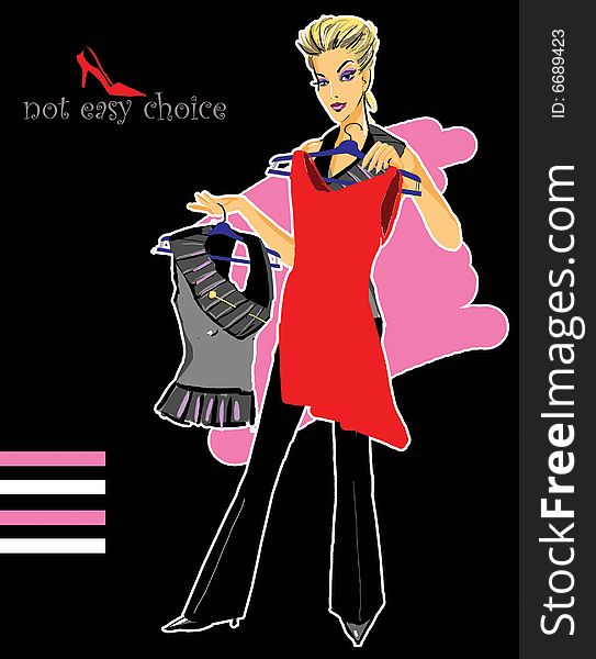 The art raster illustration of the fancy woman that choose the red dress. The art raster illustration of the fancy woman that choose the red dress