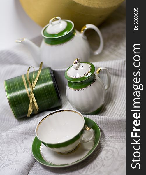 White with green tea service