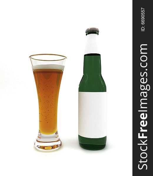 Beer in glass on white background and beer bottle with blank label. Beer in glass on white background and beer bottle with blank label
