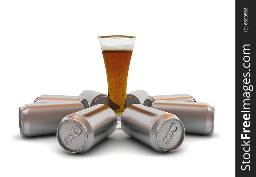 Beer in glass and aluminum banks on white background