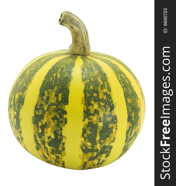 Nice decorative yellow pumpkin with green stripes isolated over white with clipping path