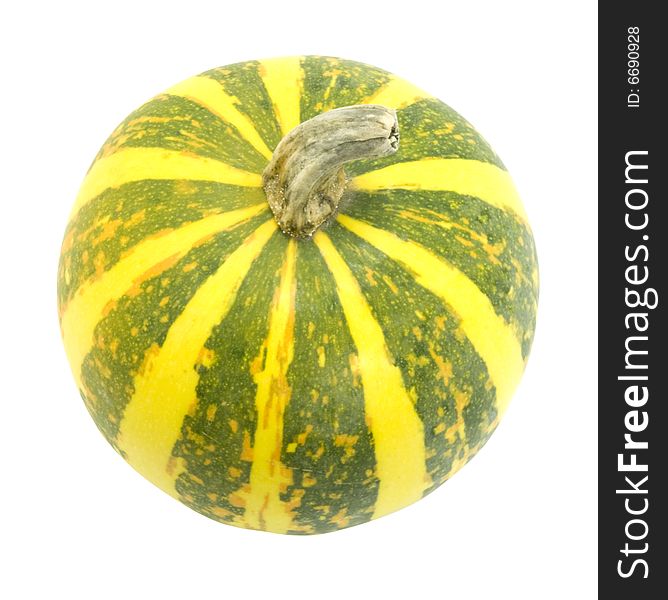 Nice decorative yellow pumpkin with green stripes isolated over white with clipping path