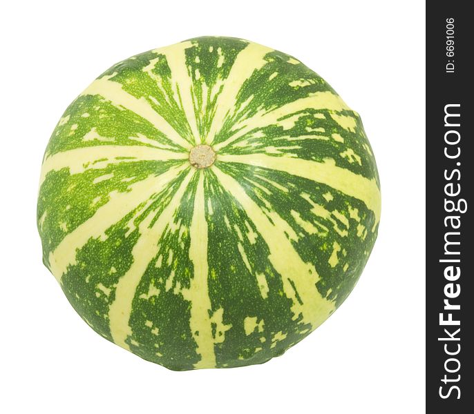 Nice decorative green pumpkin with yellow stripes isolated over white with clipping path