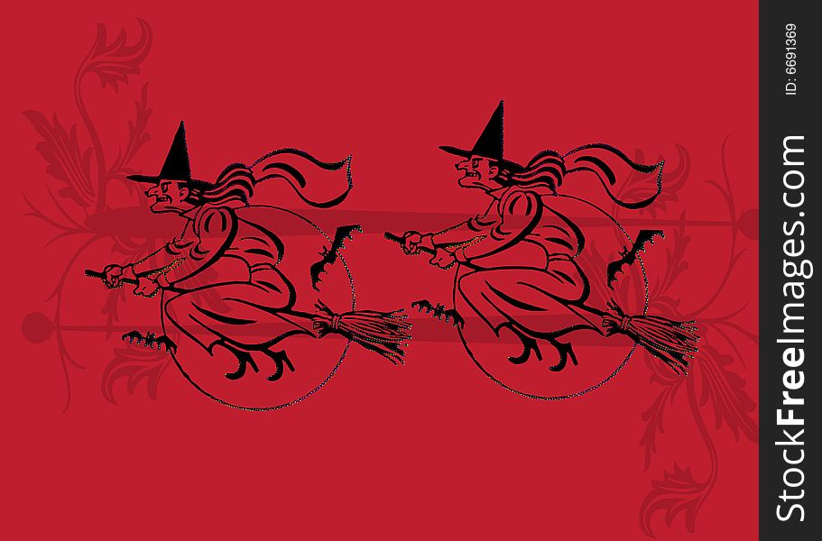 Witch illustration on red and black background