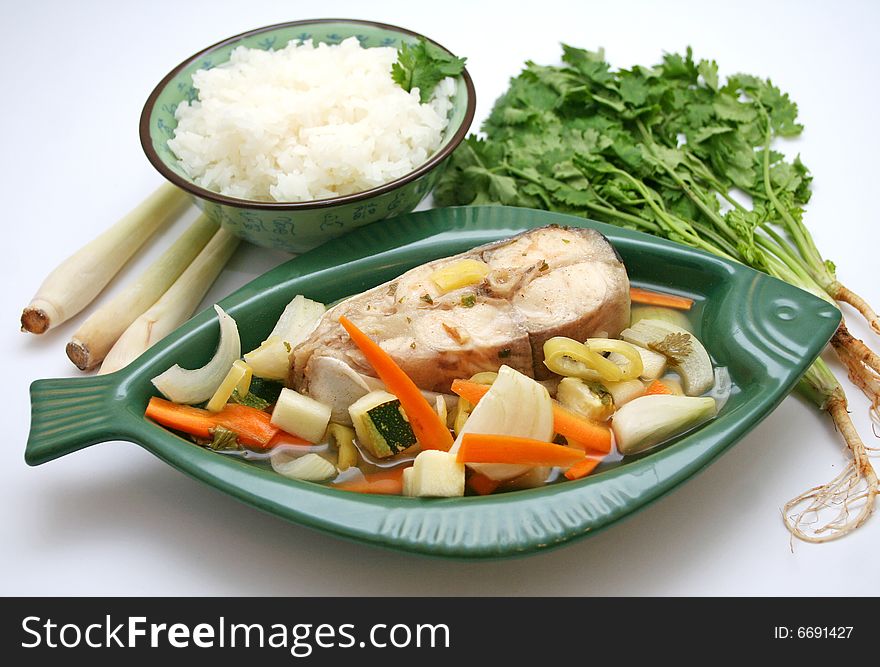 A meal of fresh pangasius filet and vegetables. A meal of fresh pangasius filet and vegetables