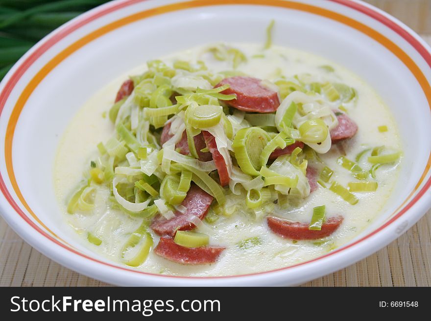 A soup of fresh leak with sausage. A soup of fresh leak with sausage