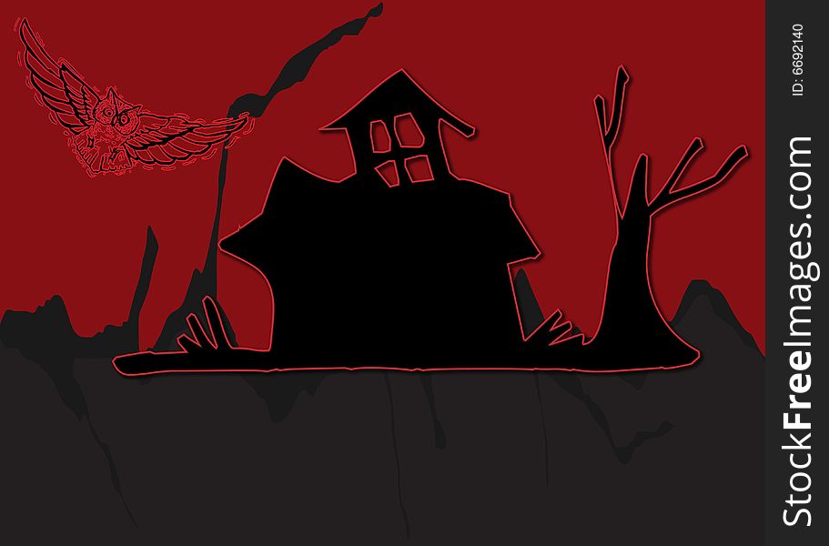 House and owl illustration on red and black background