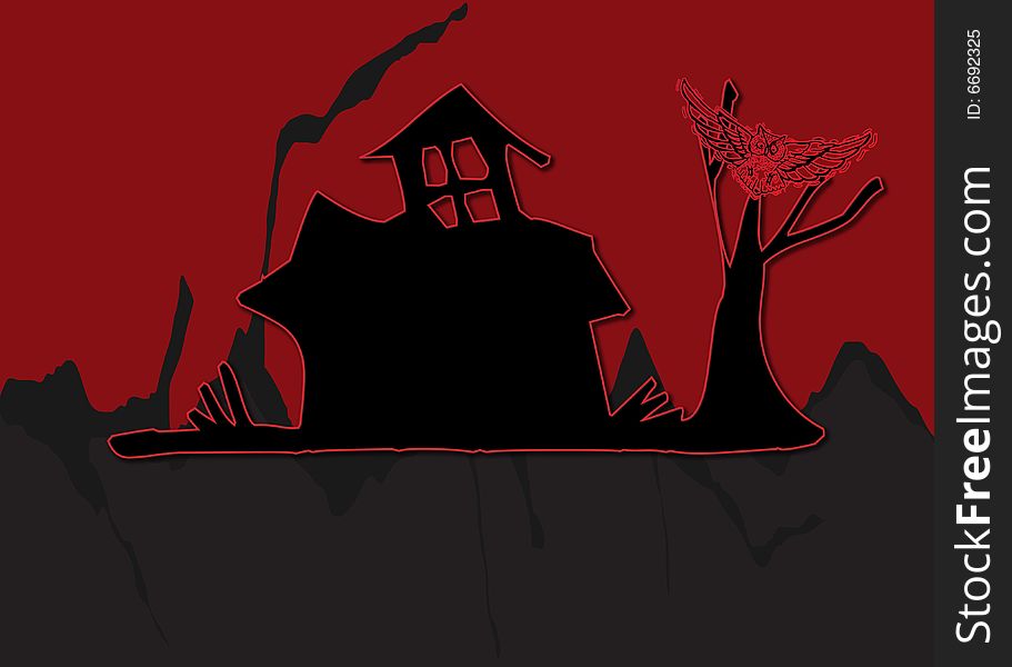 Halloween haunted house illustration with owl and tree on red black and gray dark background