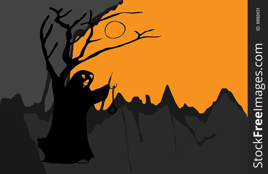 Halloween ghost illustration with tree on orange and gray dark background. Halloween ghost illustration with tree on orange and gray dark background