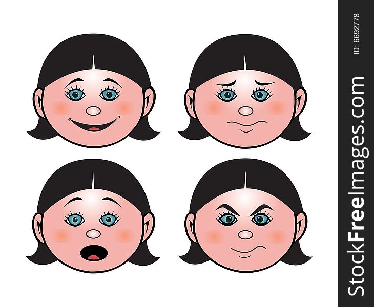 Cartoon illustration of a girl's facial expressions. Cartoon illustration of a girl's facial expressions
