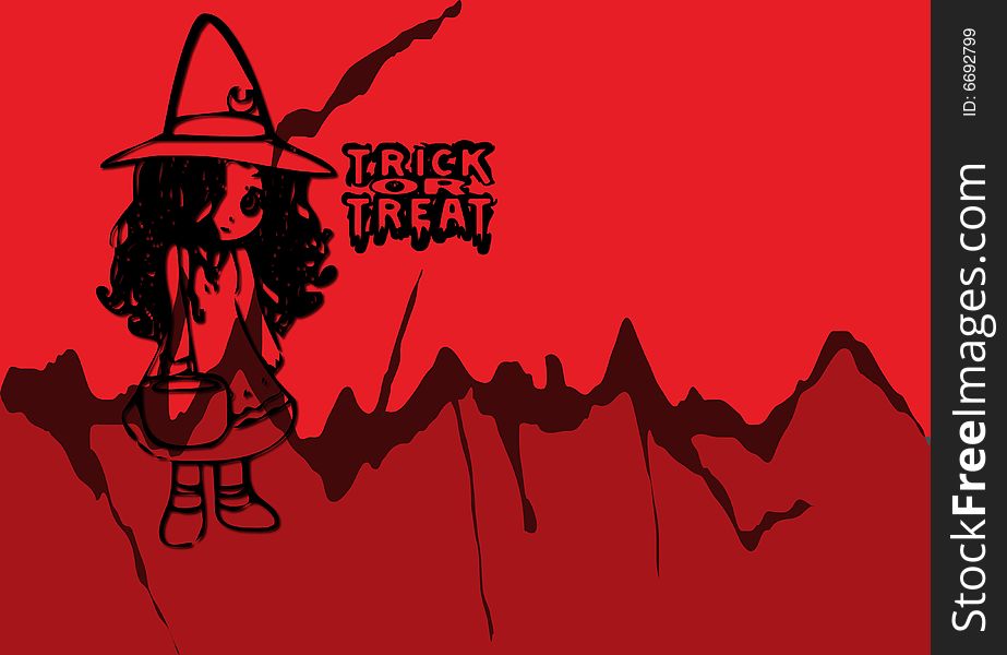 Trek or treat Halloween illustration with little girl on orange red and black shades background. Trek or treat Halloween illustration with little girl on orange red and black shades background