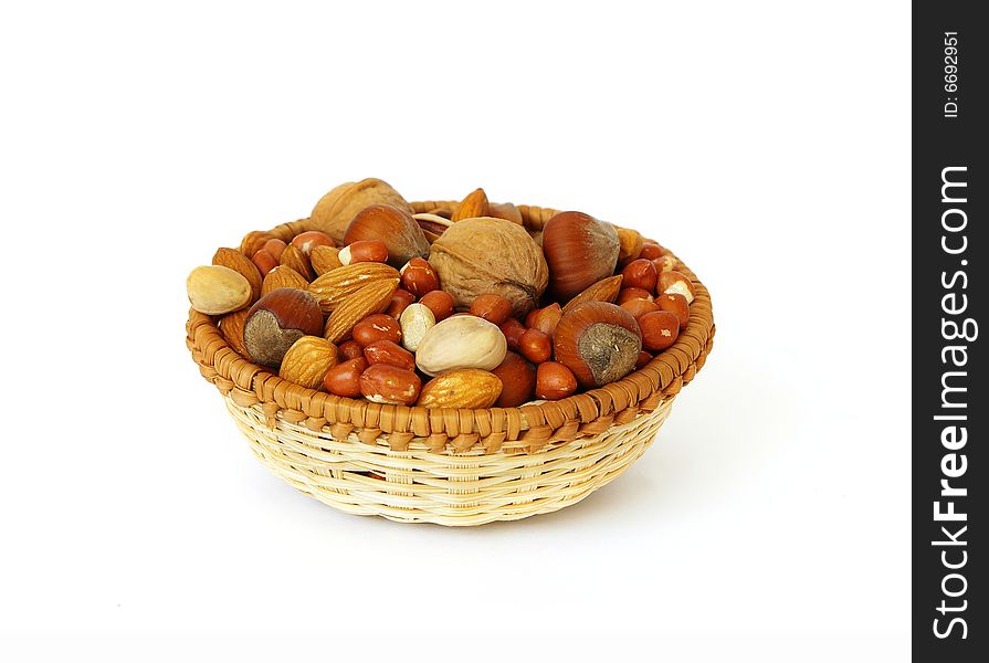 Basket of nuts isolated on white background