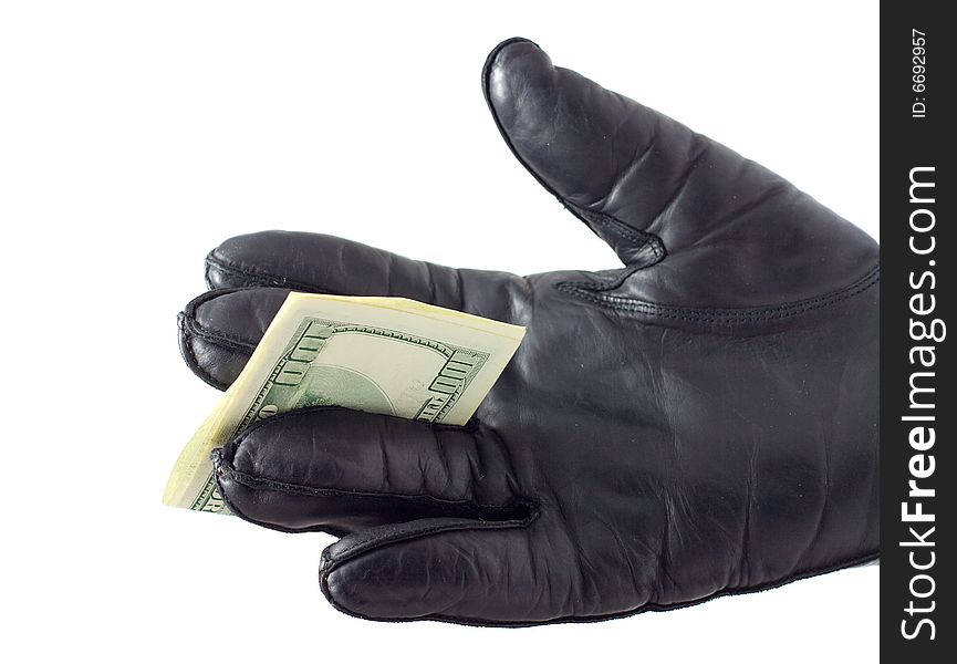 Hand in glove give dollars, isolated on white