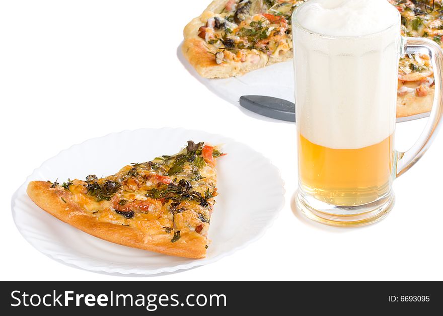 Piece of pizza with forest mushrooms and beer