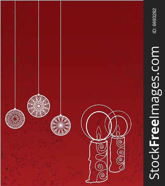 Grunge Christmas background with stylized baubles and candles