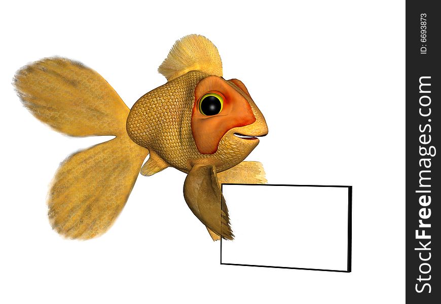 A cartoon goldfish holding a blank sign. A cartoon goldfish holding a blank sign.