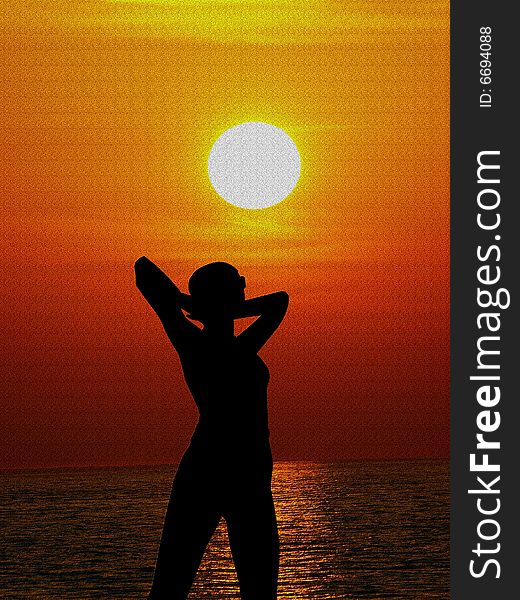 A wonderful illustration with a sunset on th sea and a silhouette of a pretty woman. A wonderful illustration with a sunset on th sea and a silhouette of a pretty woman
