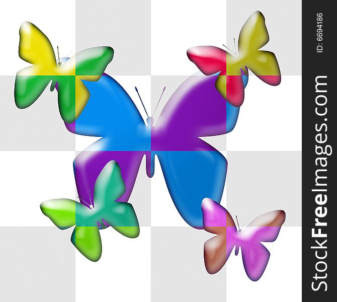 Flying butterflies in dual colors on grey to white quadrangles