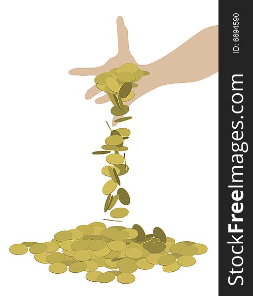 Illustration of hand dropping gold coins. Illustration of hand dropping gold coins