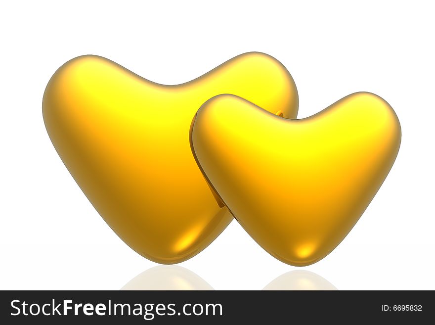 Golden hearts isolated in white background