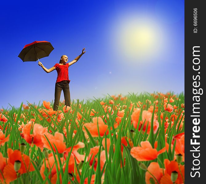 Woman with red umbrella on a meadow. Woman with red umbrella on a meadow