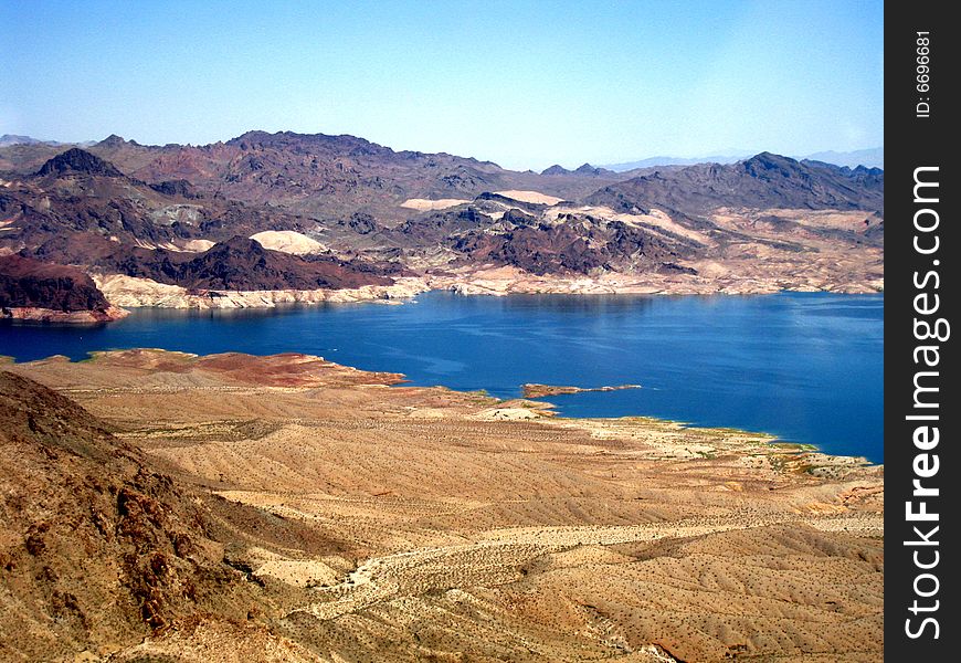 Aerial view of Lake Mead and mountains